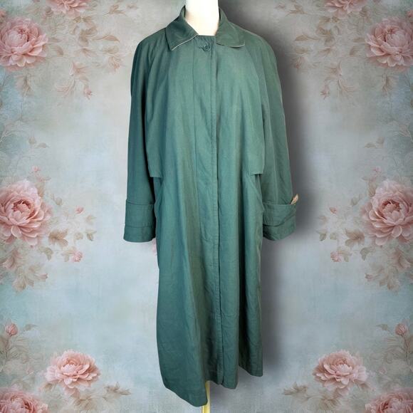 Vintage Jones New York Green Button Up Removable Wool Lining Trench Coat - Picture 1 of 9